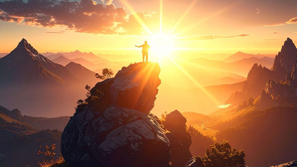 Henkilö on kiivennyt korkean kiven päälle ja levittää kätensä, kirkas aurinko paistaa hänen takanaan. Taustalla vuoristomaisema.